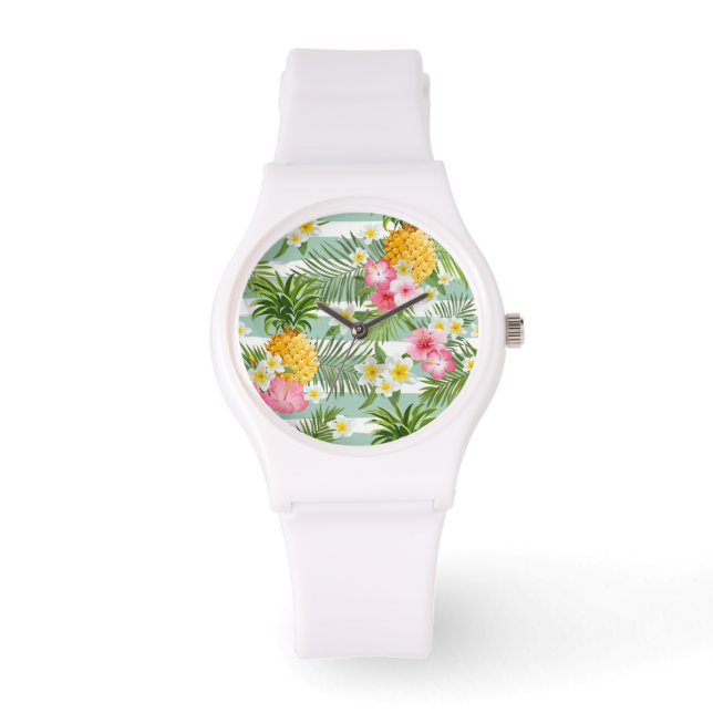 Tropical Flowers & Pineapple On Teal Stripes Watch (Front)