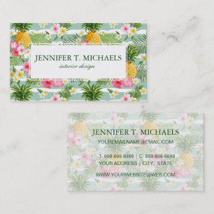 Tropical Flowers & Pineapple Stripes Add Name Business Card