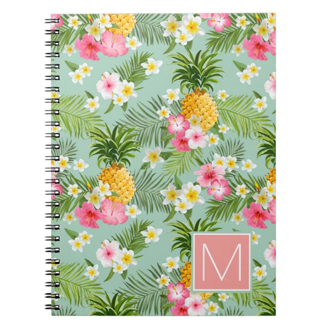 Tropical Flowers & Pineapples | Add Your Initial Spiral Notebook (Front)