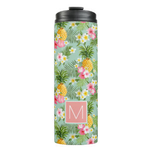 Tropical Flowers & Pineapples Add Your Initial Thermal Tumbler