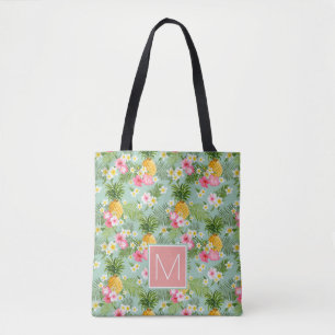 Tropical Flowers & Pineapples Add Your Initial Tote Bag