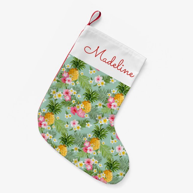 Tropical Flowers & Pineapples | Add Your Name Small Christmas Stocking (Front (Hanging))