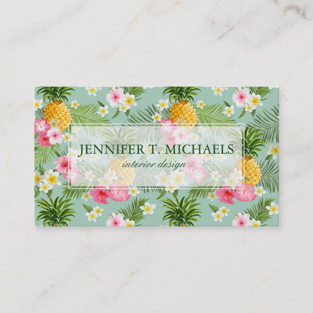 Tropical Flowers & Pineapples | Monogram Business Card (Front)