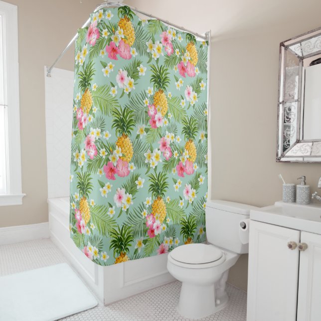 Tropical Flowers & Pineapples Shower Curtain (In Situ)