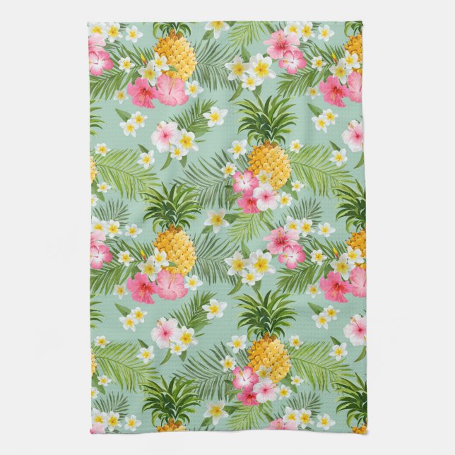 Tropical Flowers & Pineapples Tea Towel (Vertical)