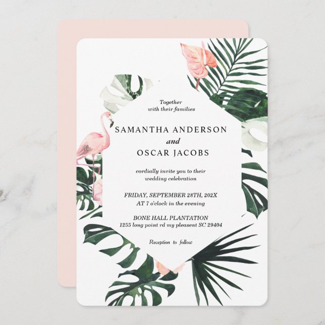 Tropical Flowers & Pink Flamingo Beauty Invitation (Front/Back)