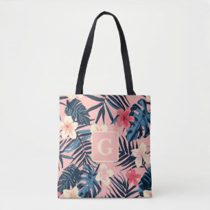 Tropical flowers pink Monogram Tote Bag