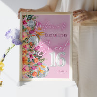Tropical Flowers Pink Neon Glow Sweet 16 Welcome