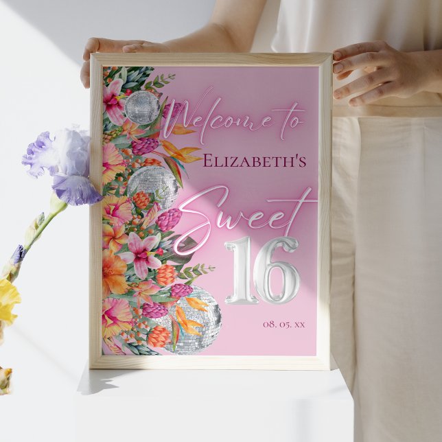 Tropical Flowers Pink Neon Glow Sweet 16 Welcome Poster (Creator Uploaded)