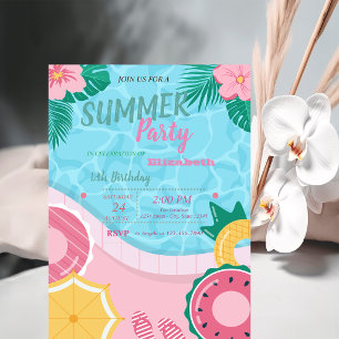 Tropical Flowers Pool Birthday Party Invitation