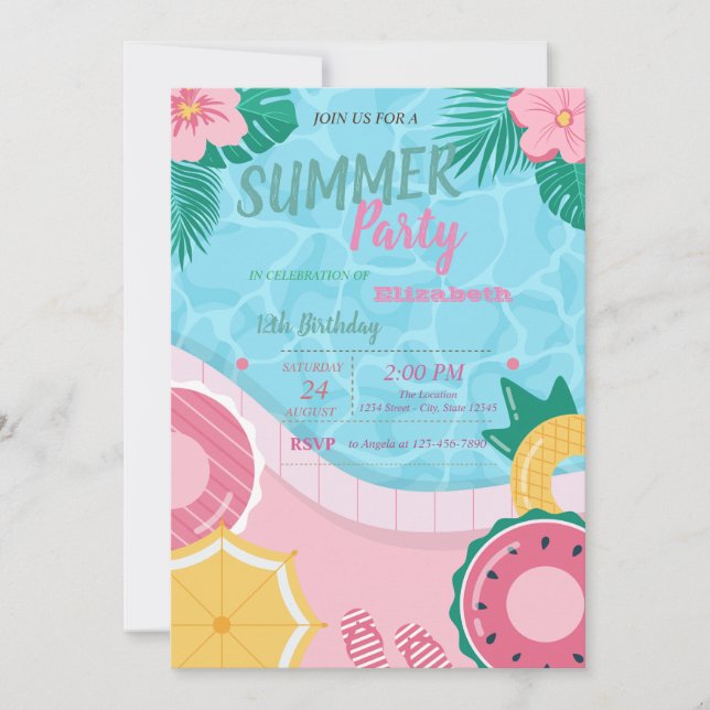 Tropical Flowers Pool Birthday Party Invitation (Front)