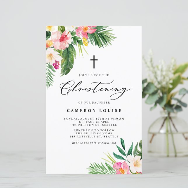 Tropical Flowers Summer Christening Invitation (Standing Front)