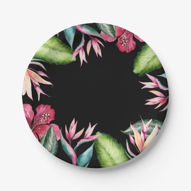 Tropical Flowers Summer Island Floral Leaves Paper Plate (Front)