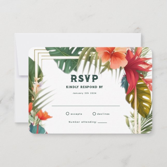 Tropical Flowers Summer Location Wedding RSVP Card (Front)