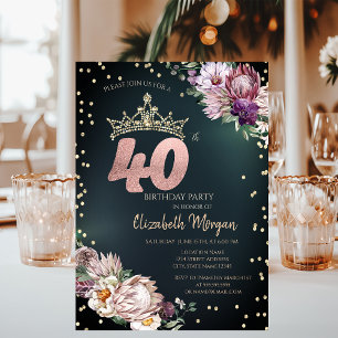 Tropical Flowers Tiara Diamonds Green 40th Invitation