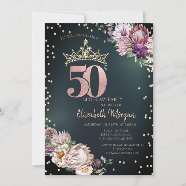 Tropical Flowers Tiara Diamonds Green 50th Invitation (Front)