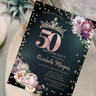 Tropical Flowers Tiara Diamonds Green 50th Invitation