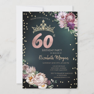 Tropical Flowers Tiara Diamonds Green 60th Invitation