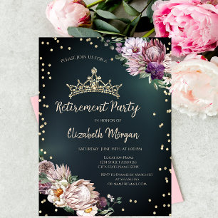 Tropical Flowers Tiara Diamonds Green Retirement Invitation
