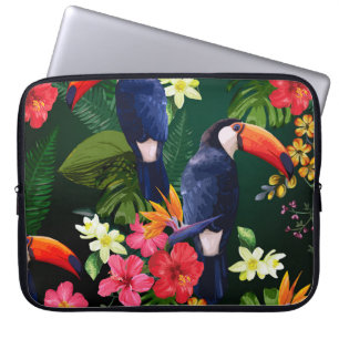 Tropical flowers, toucan: floral background. laptop sleeve