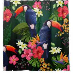 Tropical flowers, toucan: floral background. shower curtain