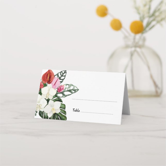 Tropical Flowers Watercolor Monstera Leaf Wedding Place Card (Front)