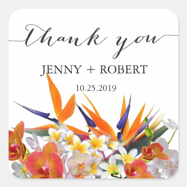 Tropical Flowers Wedding Favour Business Thank You Square Sticker (Front)