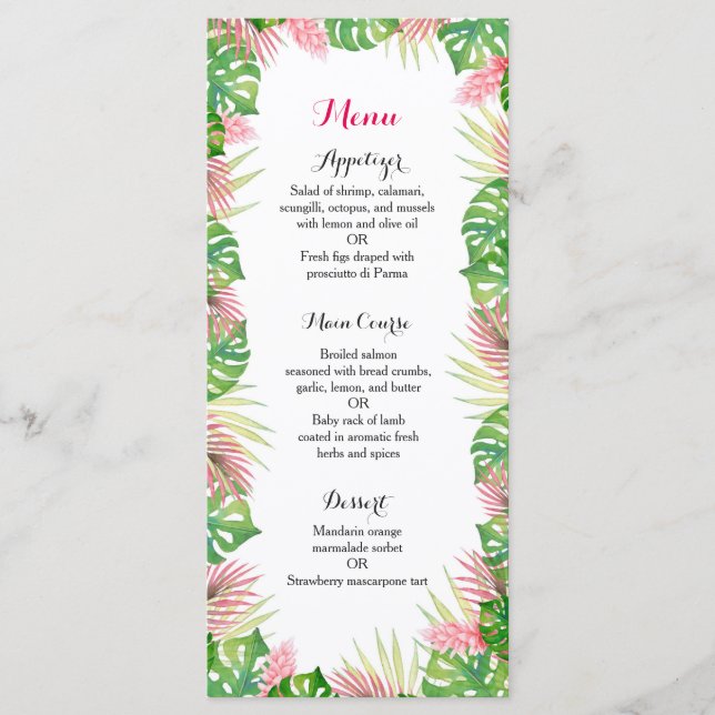 Tropical flowers wedding reception dinner menu (Front)