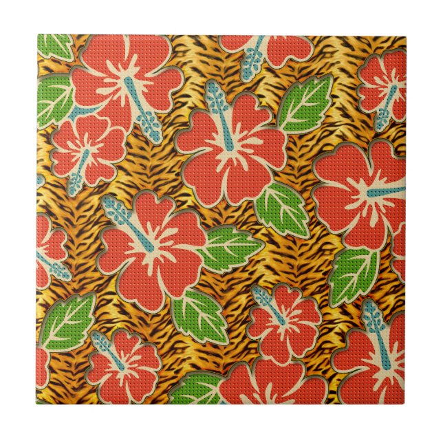 Tropical Flowers Wild Tiger Pattern Tile (Front)