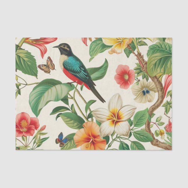 Tropical Flowers with Beautiful Red & Teal Bird Tissue Paper (Front)