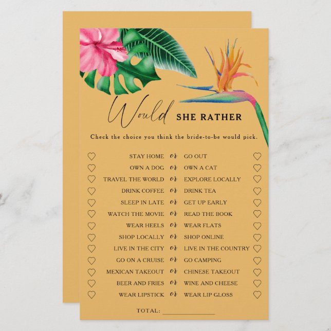 Tropical flowers - Would she rather bridal shower (Front/Back)