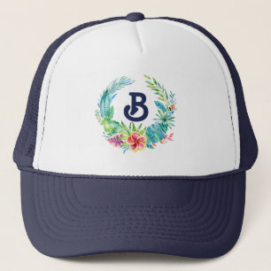 Tropical Flowers Wreath Monogram Trucker Hat
