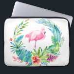 Tropical Flowers Wreath & Pink Flamingo Laptop Sleeve<br><div class="desc">Colourful watercolors illustration tropical flowers wreath and pink flamingo. White customisable background.</div>
