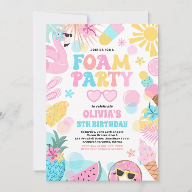  Tropical Foam Pool Splash Pad Birthday Party Invitation (Front)