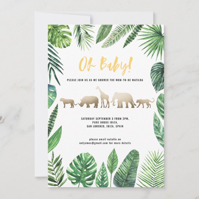 Tropical foliage and gold animals baby shower (Front)