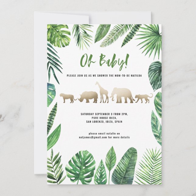 Tropical foliage and gold animals baby shower (Front)
