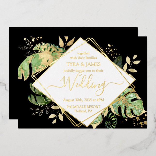Tropical Foliage Black & Gold Geometric Wedding (Front/Back)