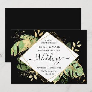 Tropical Foliage Black & Gold Geometric Wedding Invitation