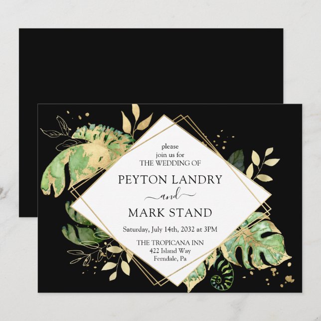 Tropical Foliage Black & Gold Geometric Wedding Invitation (Front/Back)