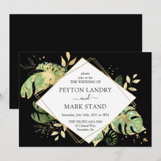 Tropical Foliage Black & Gold Geometric Wedding Invitation