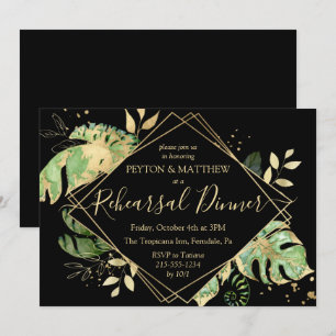 Tropical Foliage Black & Gold Rehearsal Dinner Invitation
