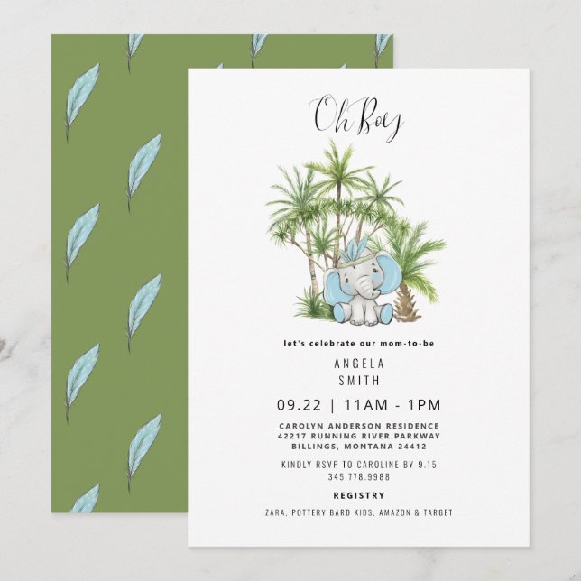 Tropical Foliage Cute Elephant Boho Oh Boy Invitation (Front/Back)