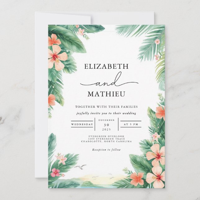 Tropical Foliage Floral Arch Wedding Invitation (Front)