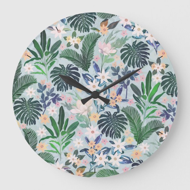 Tropical Foliage Floral Pattern Large Clock (Front)