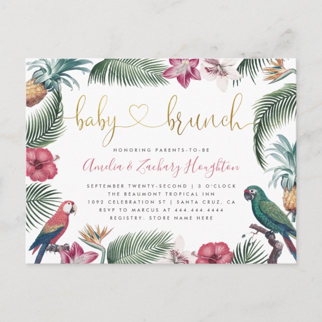 Tropical Foliage & Flowers Gold Baby Brunch Shower Invitation Postcard (Front)