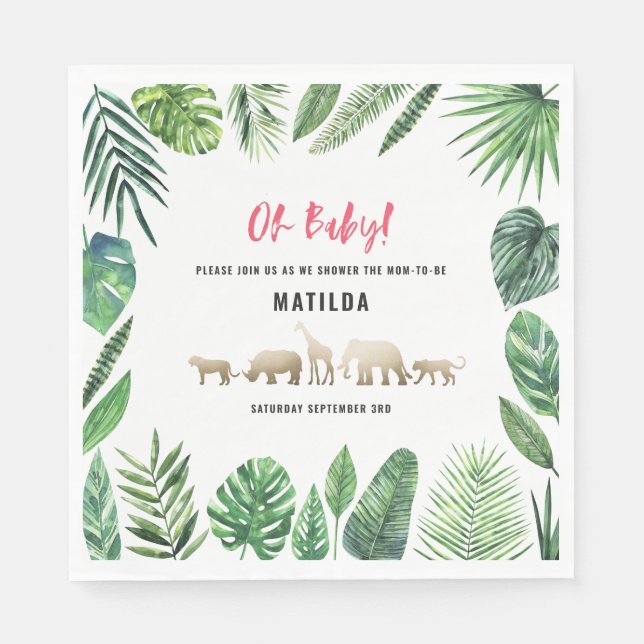 Tropical foliage + gold animals baby shower party napkin (Front)