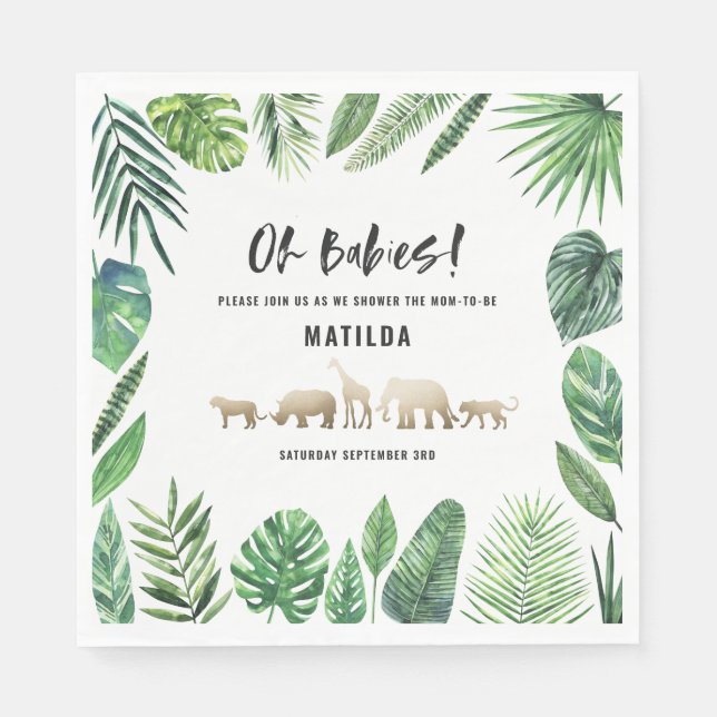 Tropical foliage + gold animals baby shower party napkin (Front)