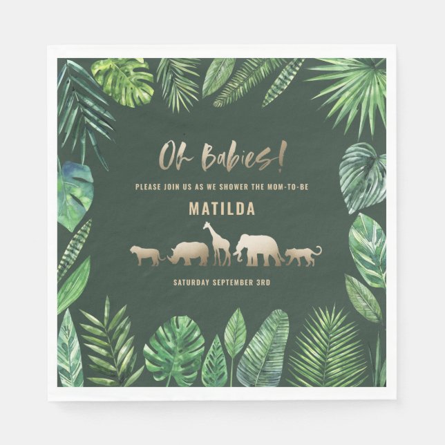 Tropical foliage + gold animals baby shower party napkin (Front)