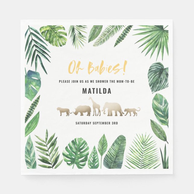 Tropical foliage + gold animals baby shower party napkin (Front)