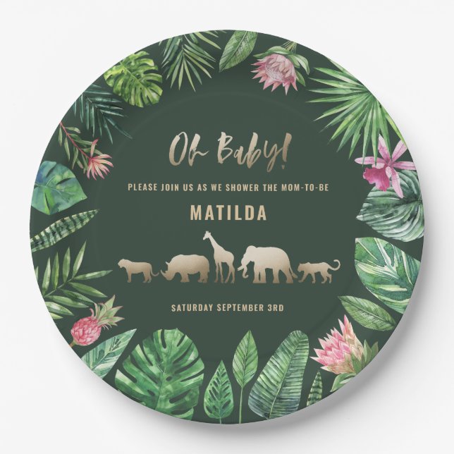 Tropical foliage + gold animals baby shower party paper plate (Front)